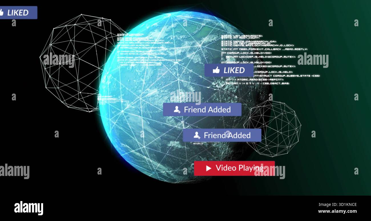 Displaying digital Earth globe spinning in tech interface, with notifications, shapes and code Stock Photo