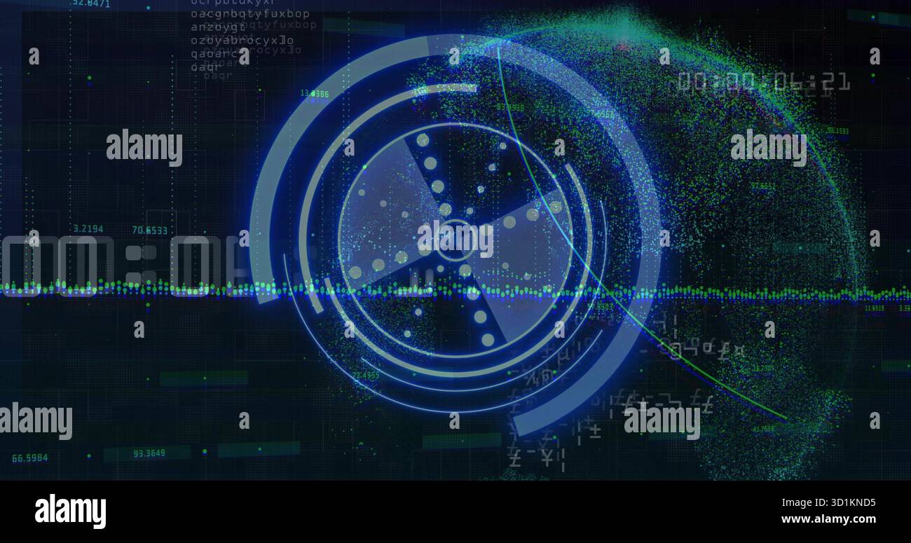 Displaying dashboard tracking rings on virtual control panel, with waveform and particle cluster Stock Photo