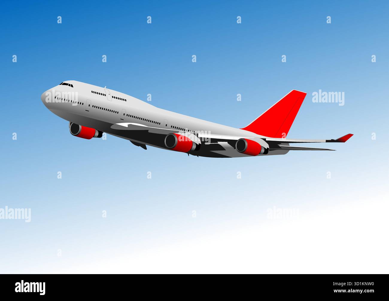 Large passenger plane is taking off from the airport runway on a bright ...