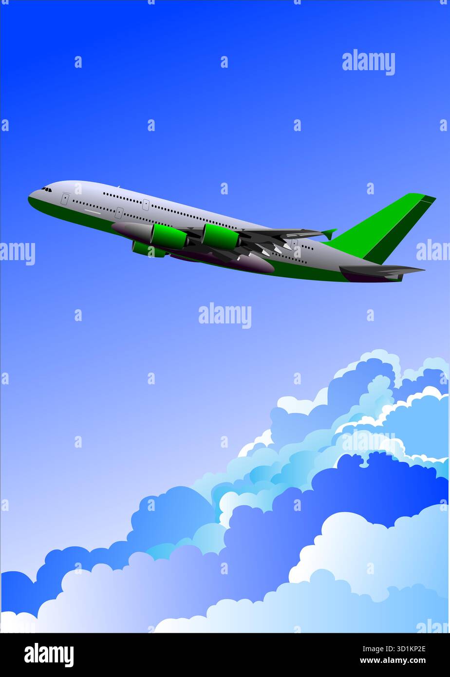 Big airplane flying above the clouds on a sunny day. Hand drawn ...