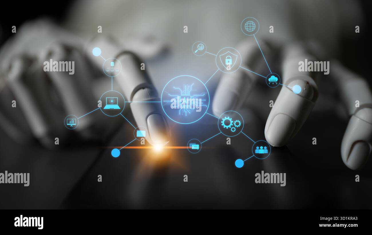 AI powers intelligent networks by linking data, enhancing real-time analytics, securing communication, and improving system efficiency and automation Stock Photo