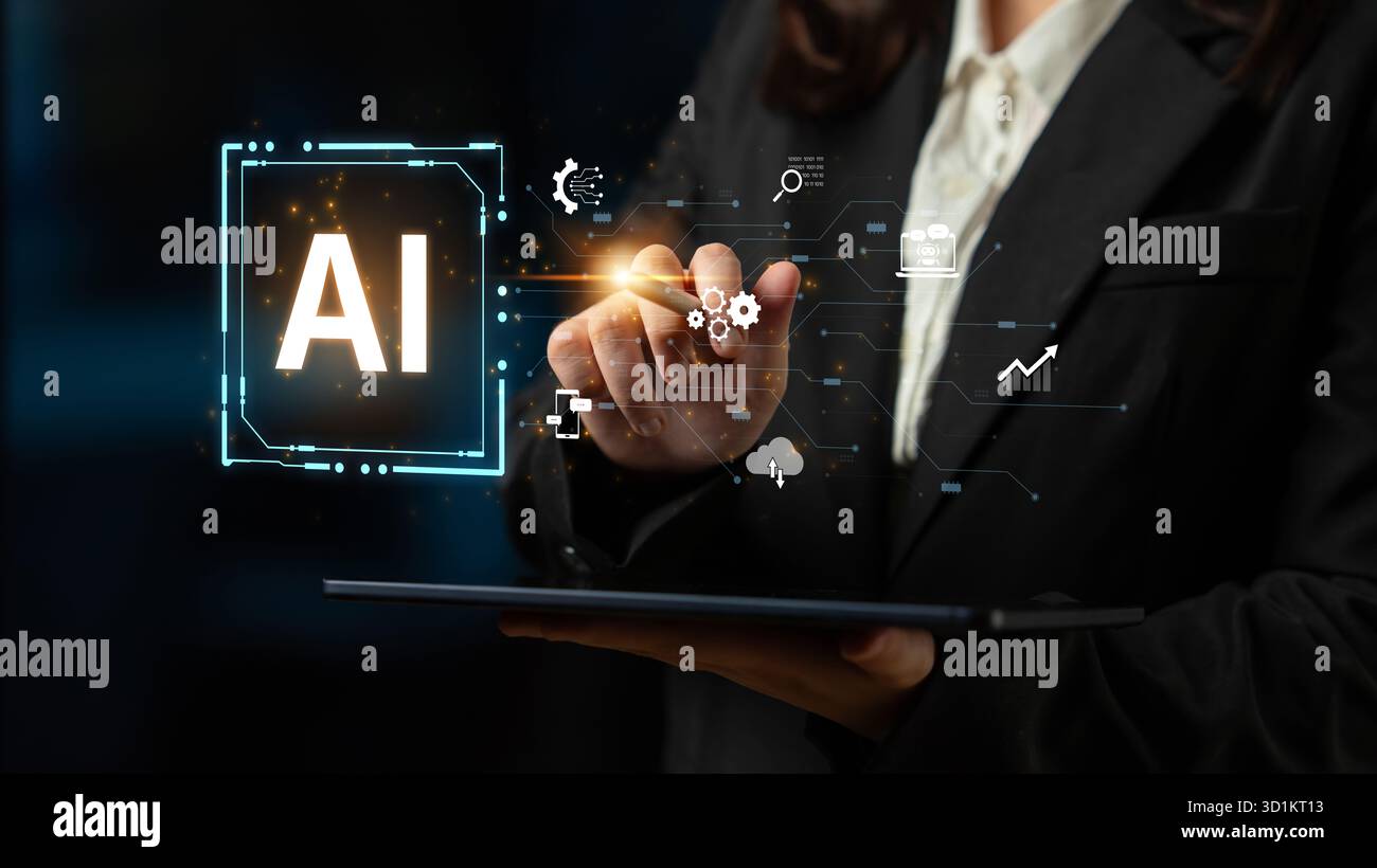 Concept of an enterprise Artificial Intelligence platform. The system integrates with various business processes like data analysis, cloud computing Stock Photo
