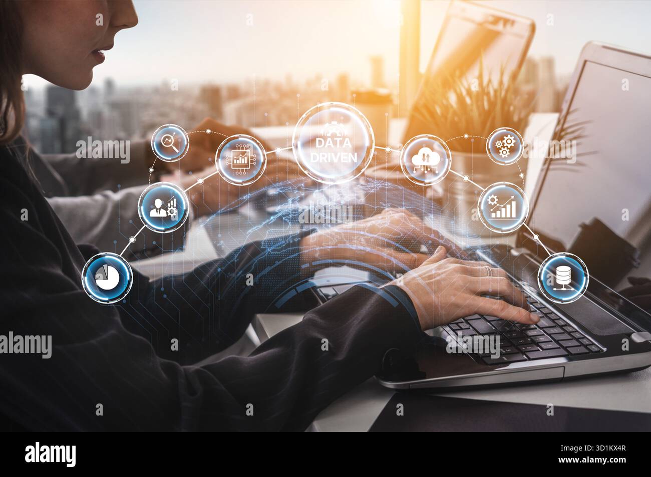 Data-driven decision-making empowers business through analytics, datum collection, and AI systems. Data driven tools support cloud data processing and Stock Photo