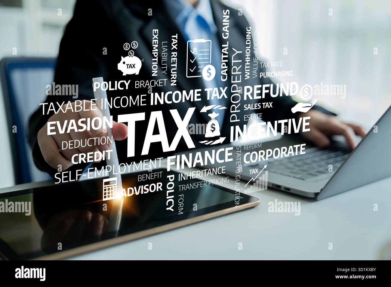 A professional businessman engages in tax and financial discussions using modern digital tools, emphasizing strategic planning and effective Stock Photo