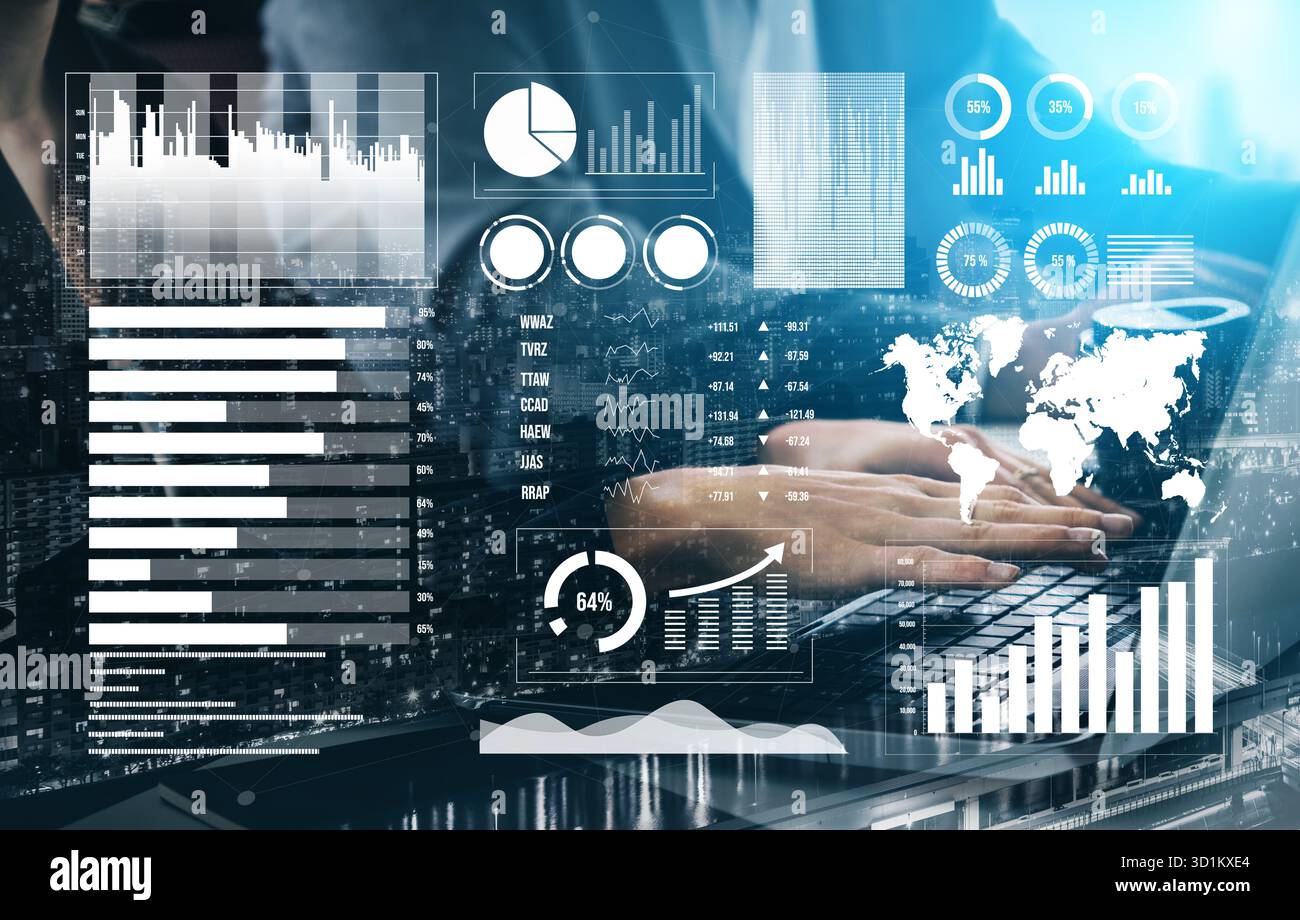 This image features a business analytics dashboard showcasing various data visualizations, charts, and metrics on a digital interface, emphasizing Stock Photo
