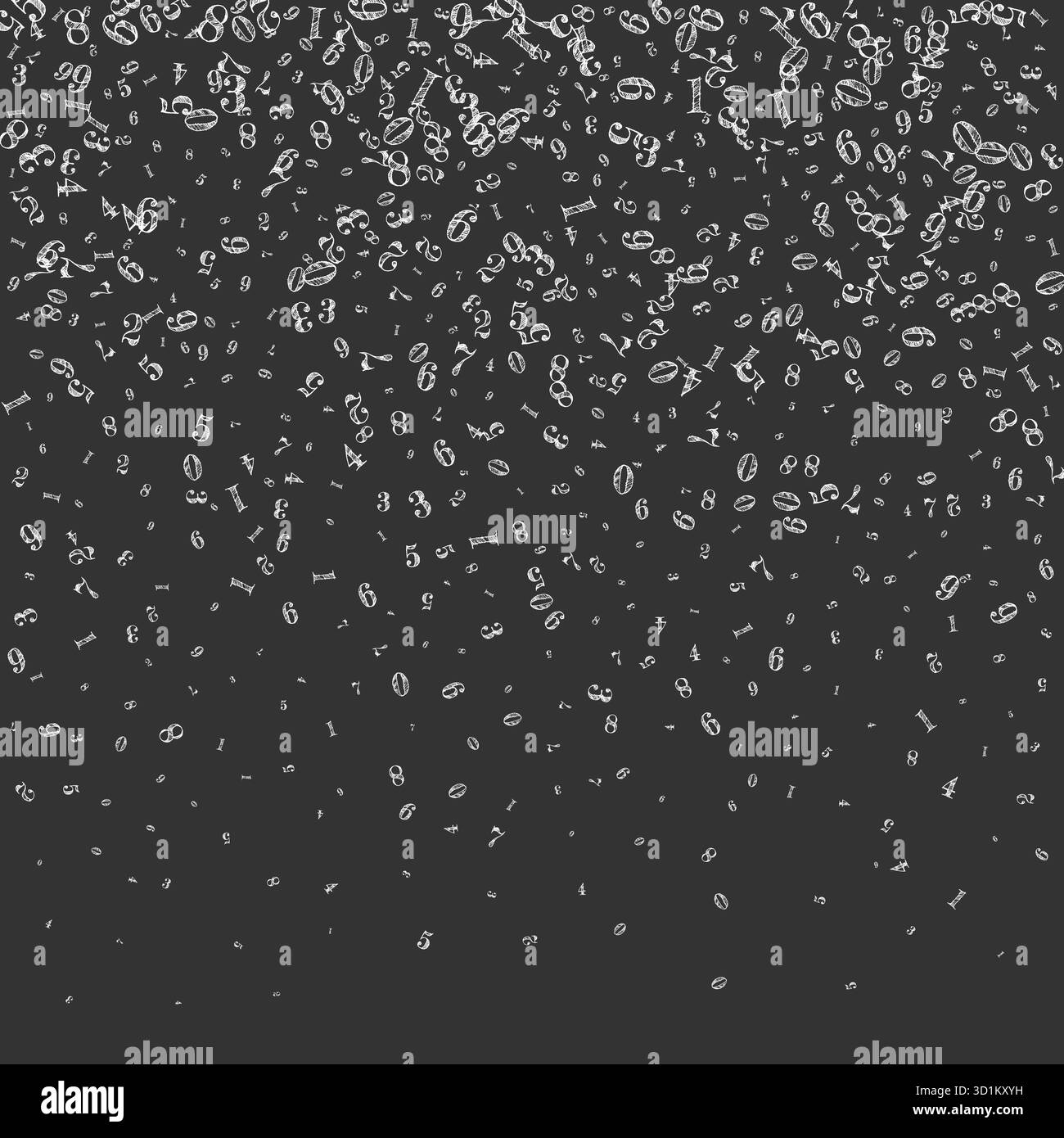 Scattered numbers. White chalk digits flying chaotic. Back to school ...