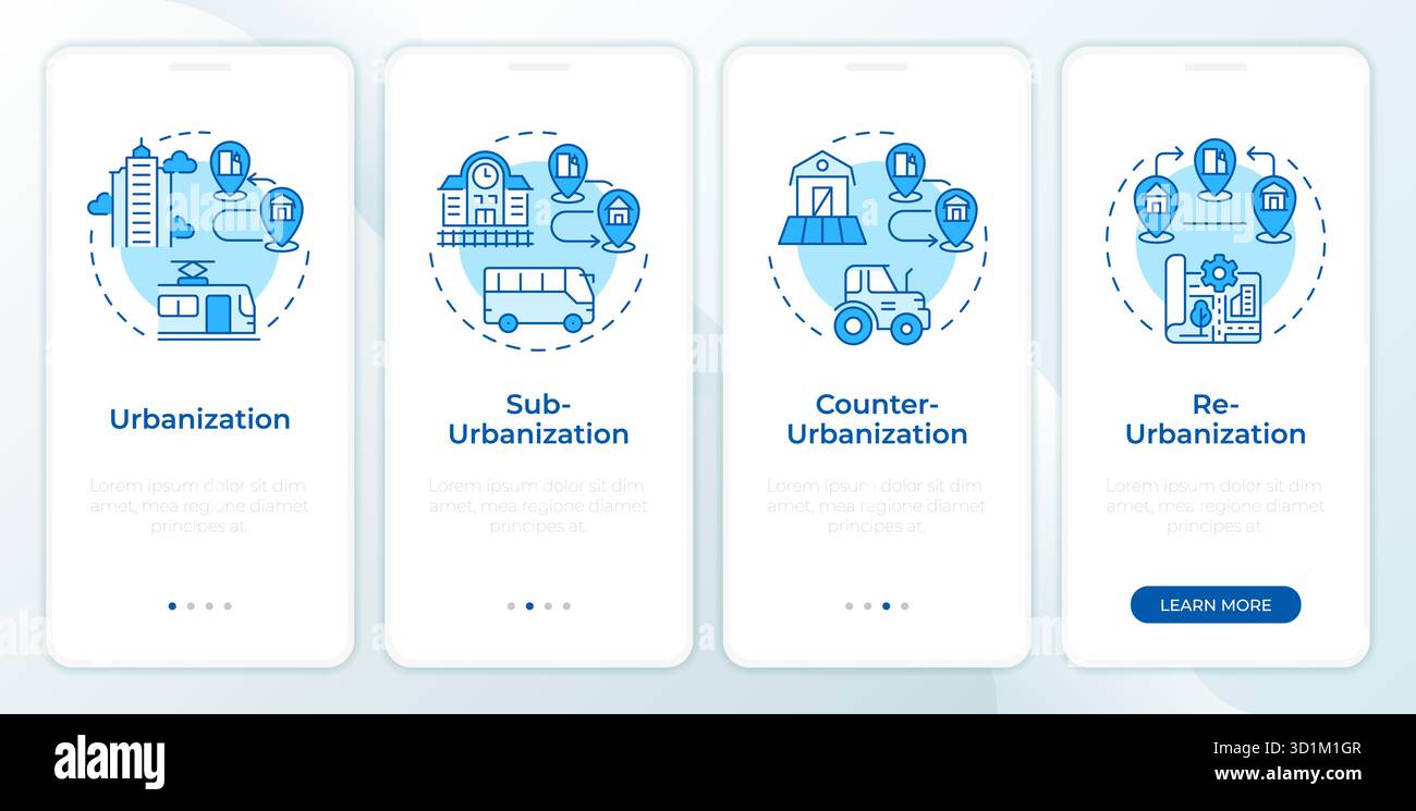 Types of urbanization blue onboarding mobile app screen Stock Vector