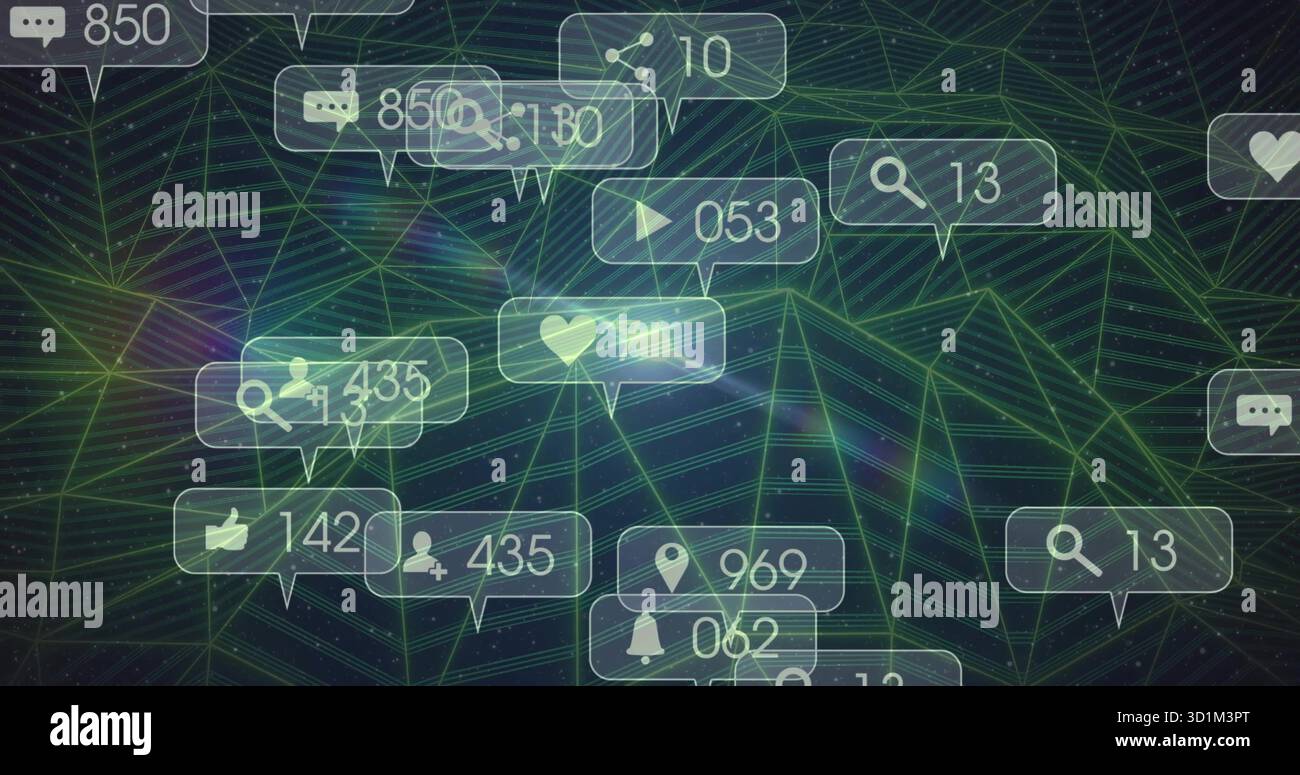 Displaying floating notification icons over dark mesh grid, with chat ...