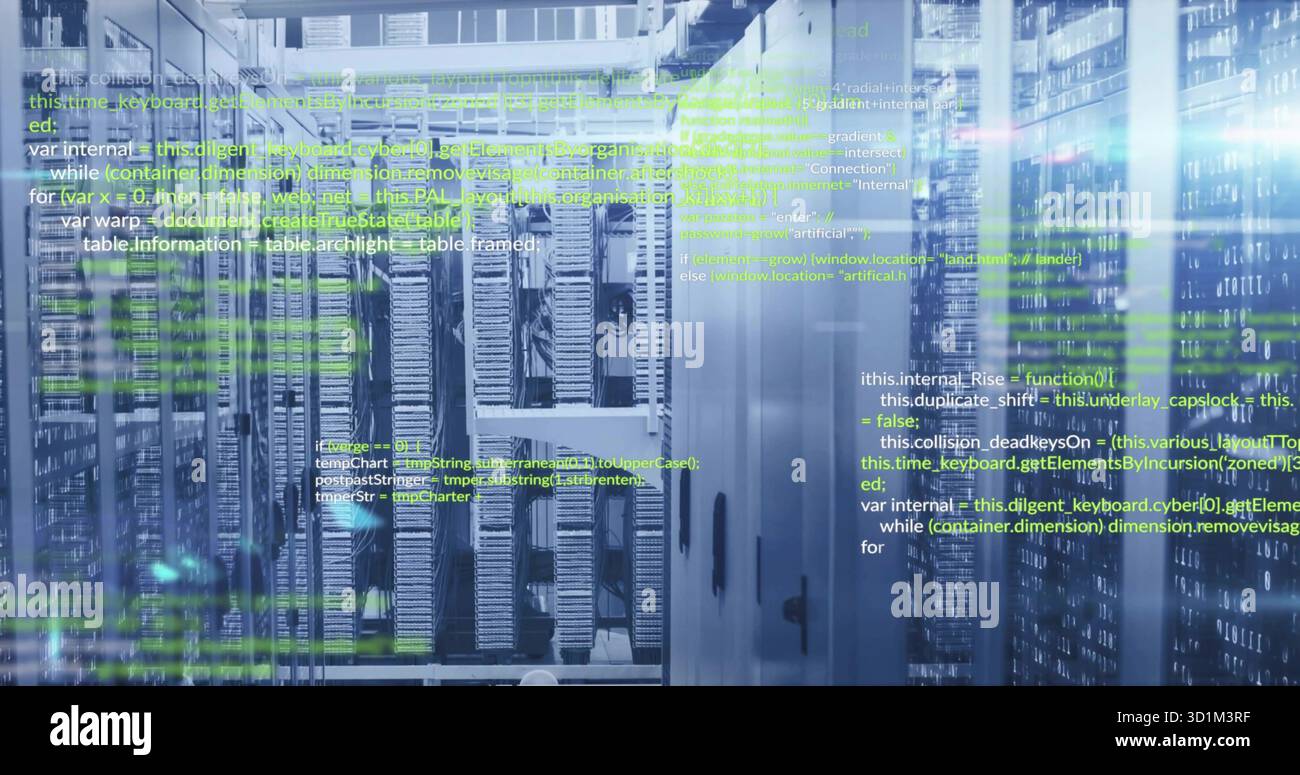 Displaying rack-mounted servers glowing LED indicators in data center, with floating code overlay Stock Photo
