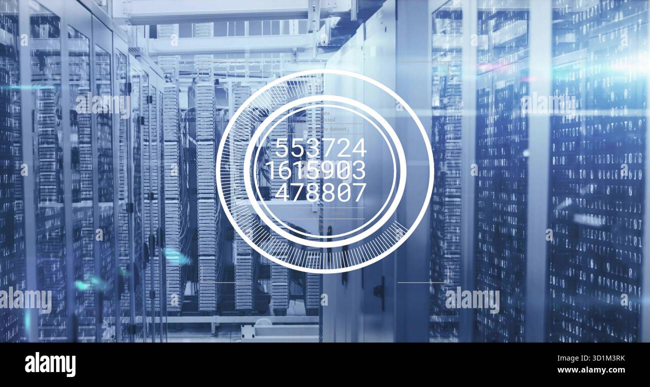 Floating circular interface overlay showing numeric data in server corridor with racks and cables Stock Photo