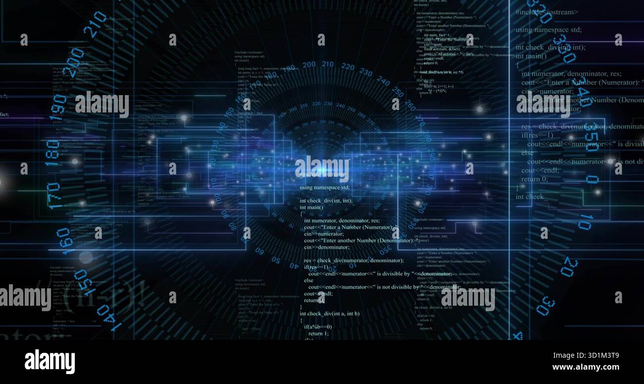 Displaying control panel showing glowing circuitry, circular gauge and code snippets in virtual UI Stock Photo