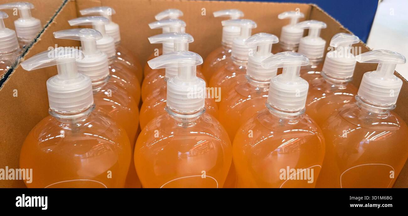 Clear plastic bottles with pump tops are filled with liquid soap, arranged neatly in a cardboard box, showcasing organized packaging and product displ - Smartphone Captured Stock Image