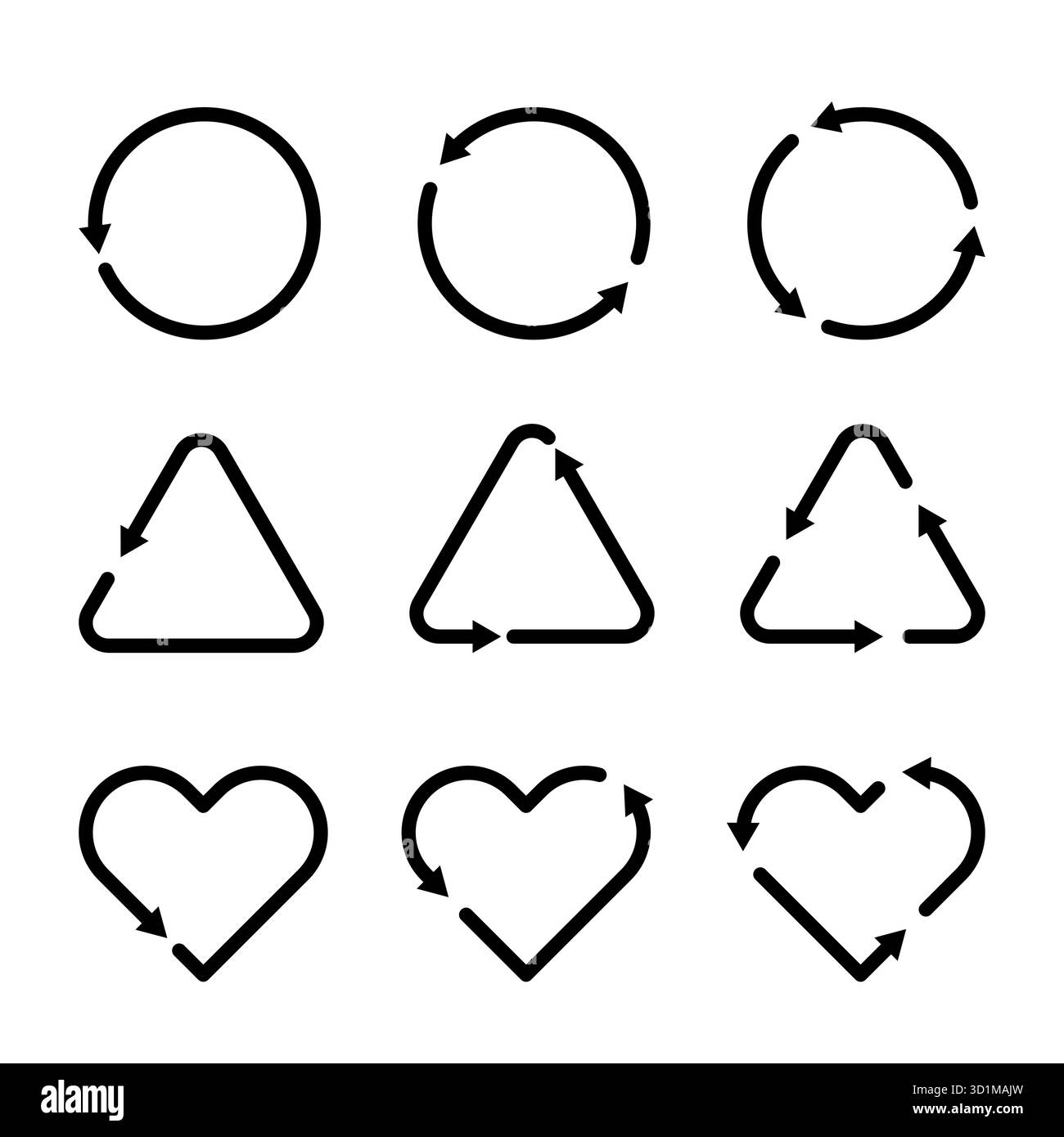 Recycling and loading icons set. Circle, triangle, and heart arrow ...