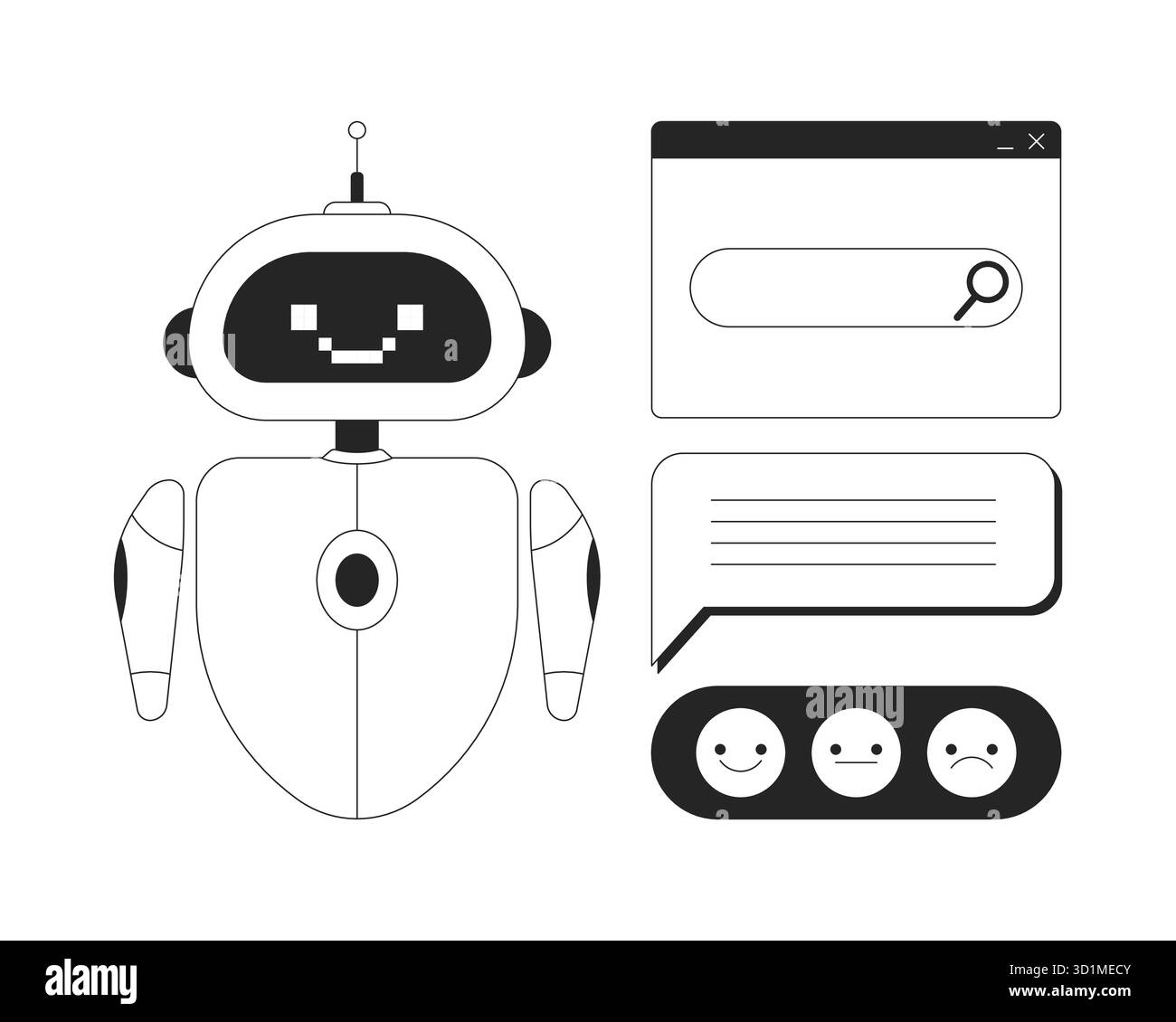 AI chatbot with search bar and feedback interface 2D line objects set Stock Vector