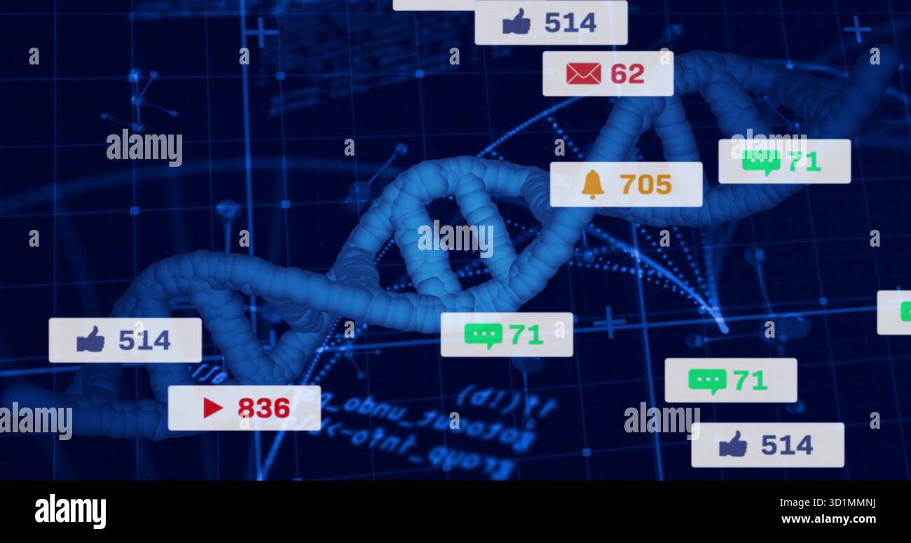 Displaying DNA double helix model floating over digital interface, with notification badges Stock Photo