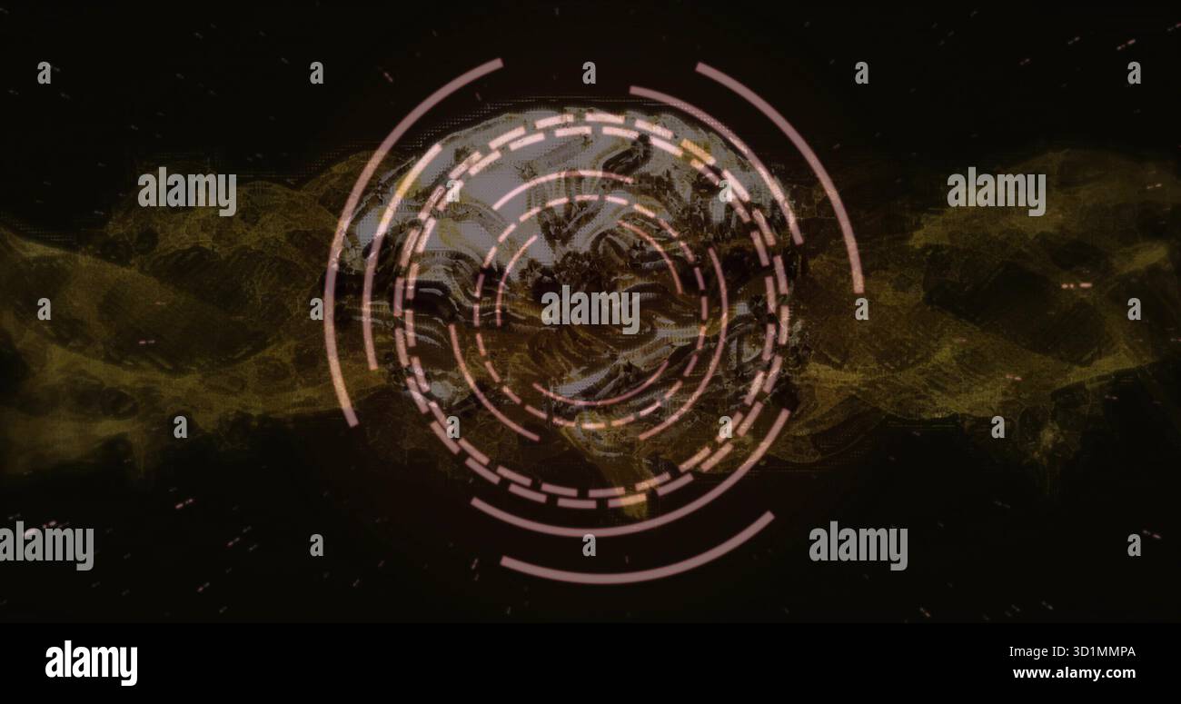 Displaying HUD overlaying golden particle vortex on black screen featuring dashed and solid arcs Stock Photo