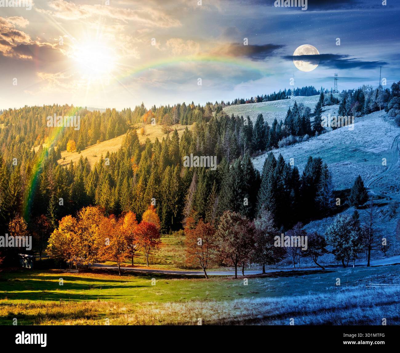 autumn equinox landscape with road through valley near forest with colorful trees. day and night time change concept. beautiful countryside scene in m Stock Photo