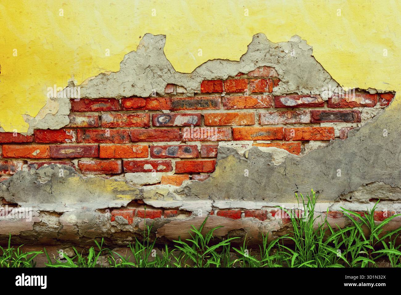 Defected wall with some grass on the bottom Stock Photo
