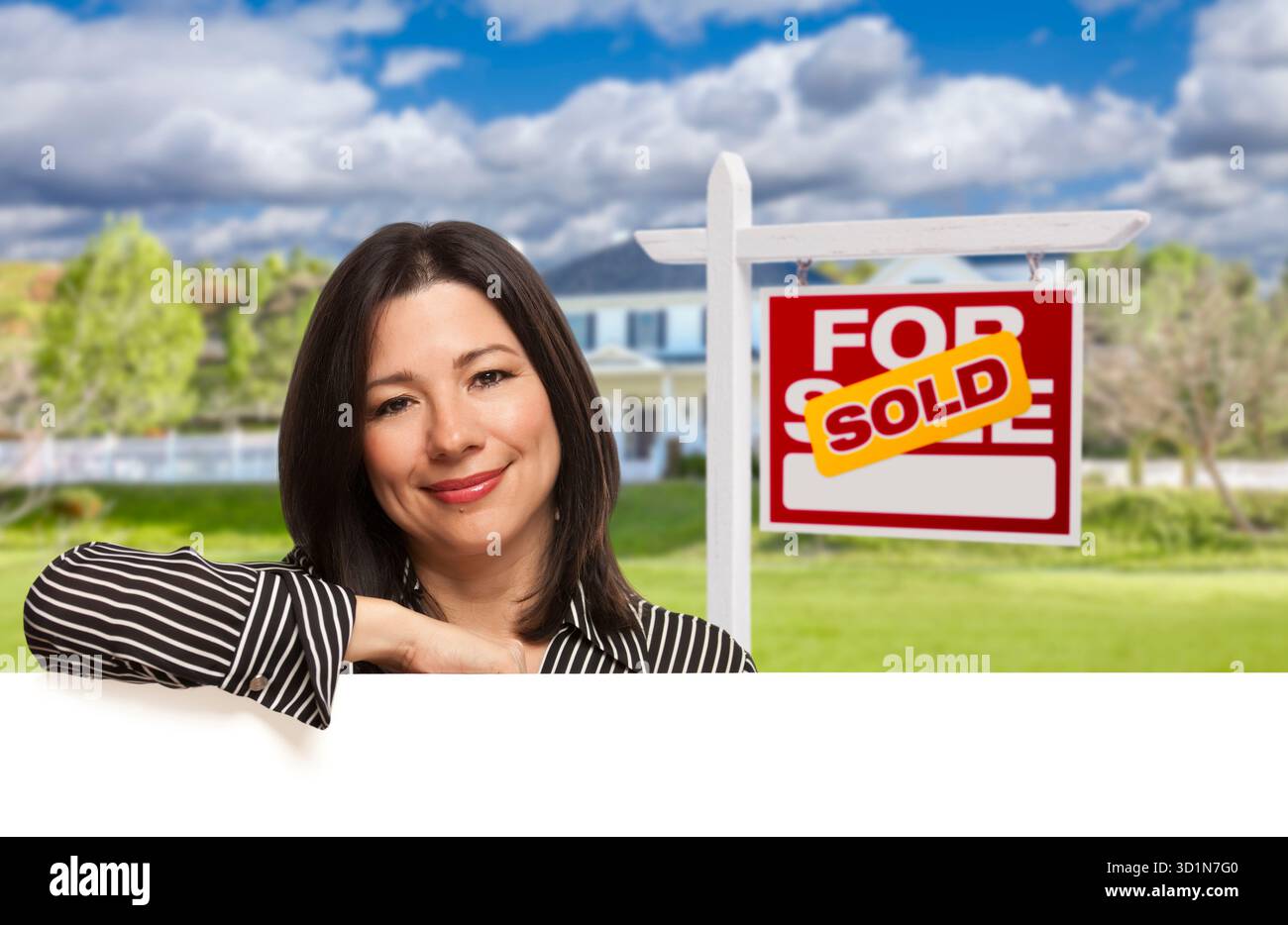 Hispanic Woman in Front of Sold For Sale Sign, House Stock Photo - Alamy
