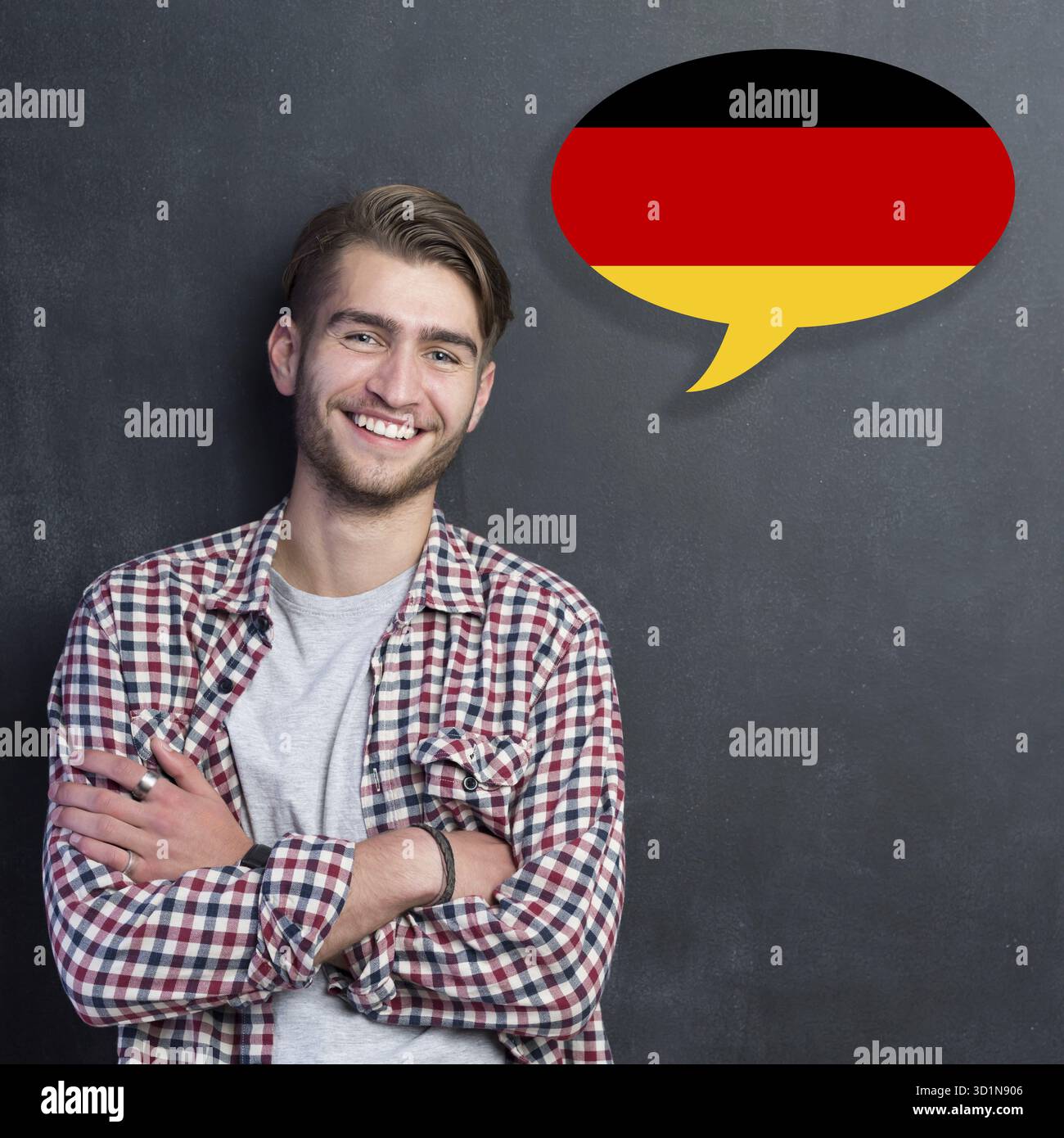 Man learn speaking german in bubble on chalkboard Stock Photo