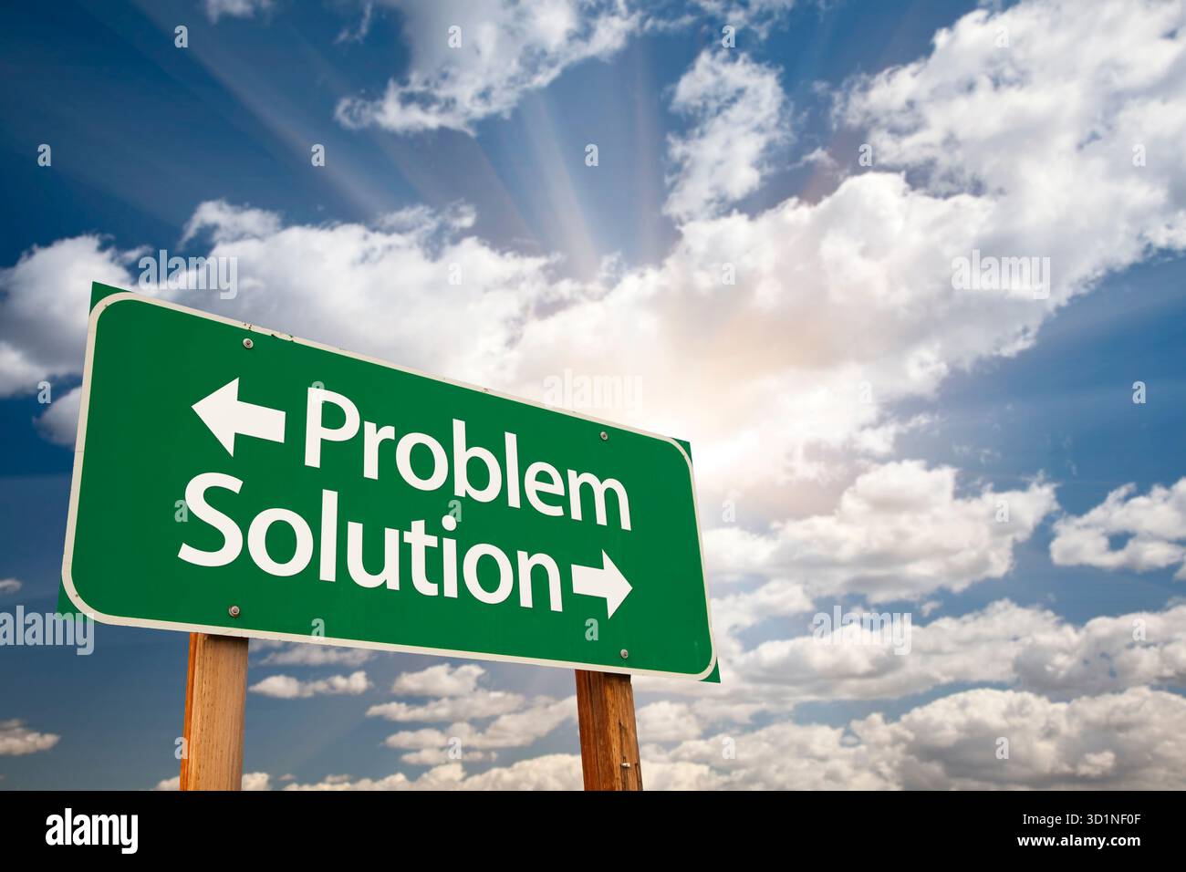 Problem and Solution Green Road Sign Over Clouds Stock Photo
