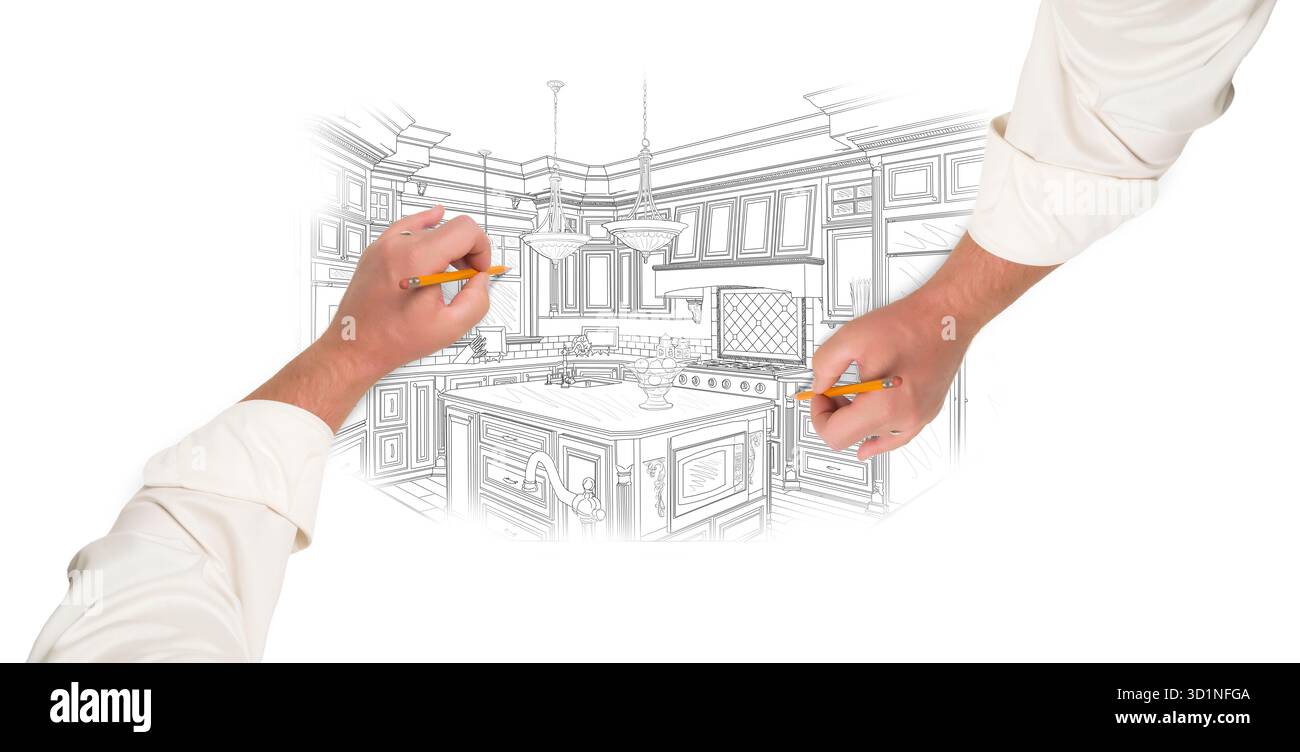 Two Male Hands Sketching Beautiful Custom Kitchen Stock Photo
