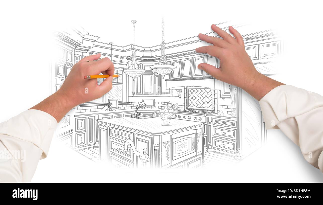 Male Hands Sketching Beautiful Custom Kitchen Stock Photo