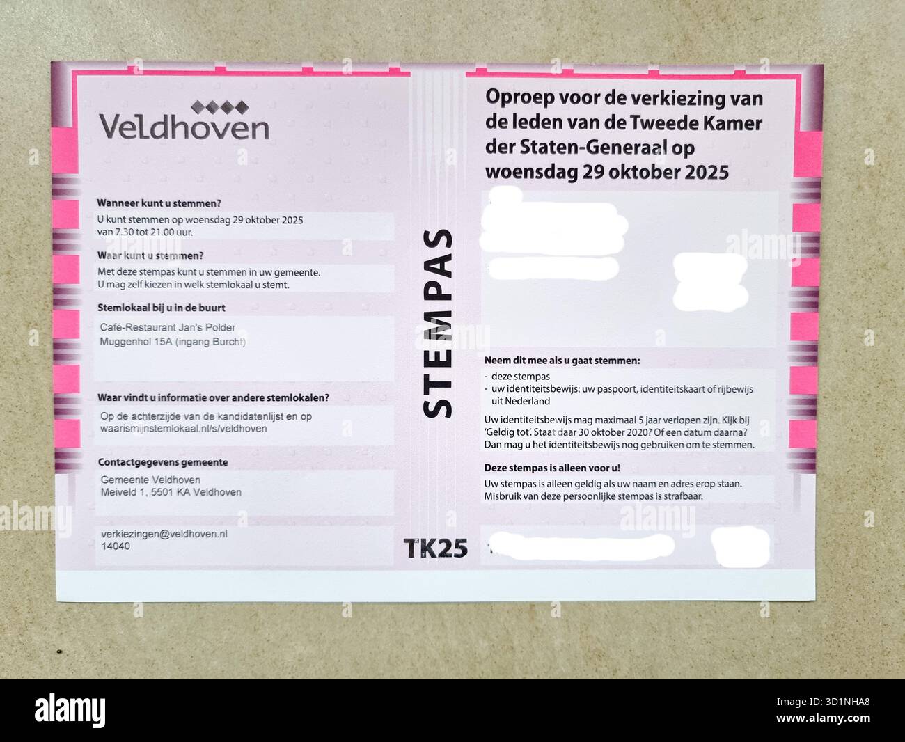 Voting card / voting pass ("Stempas") for the general elections in the Netherlands on 29 October 2025 (from the municipality of Veldhoven) - Smartphone Captured Stock Image