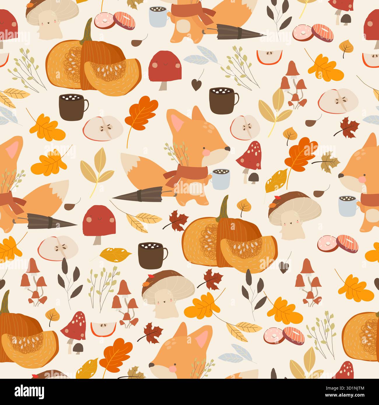Seamless Pattern With Fox, Autumn Leaves, Vegetables and Pumpkins Stock Vector