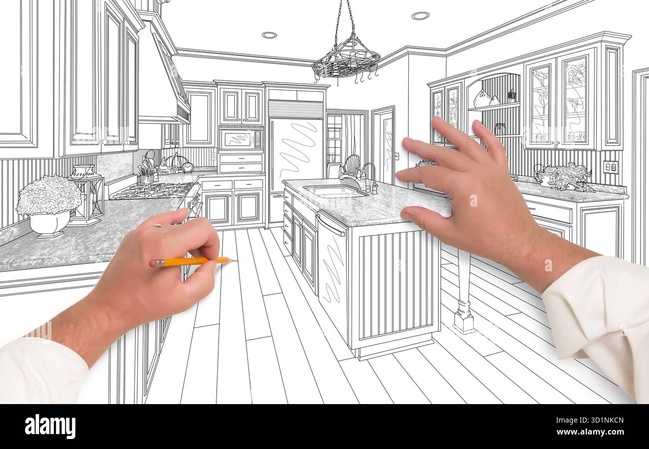 Male Hands Sketching Beautiful Custom Kitchen Stock Photo