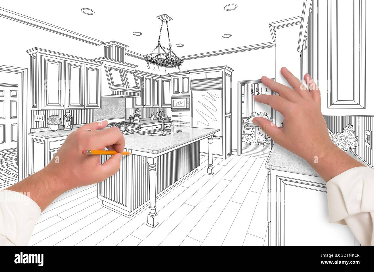 Male Hands Sketching Beautiful Custom Kitchen Stock Photo