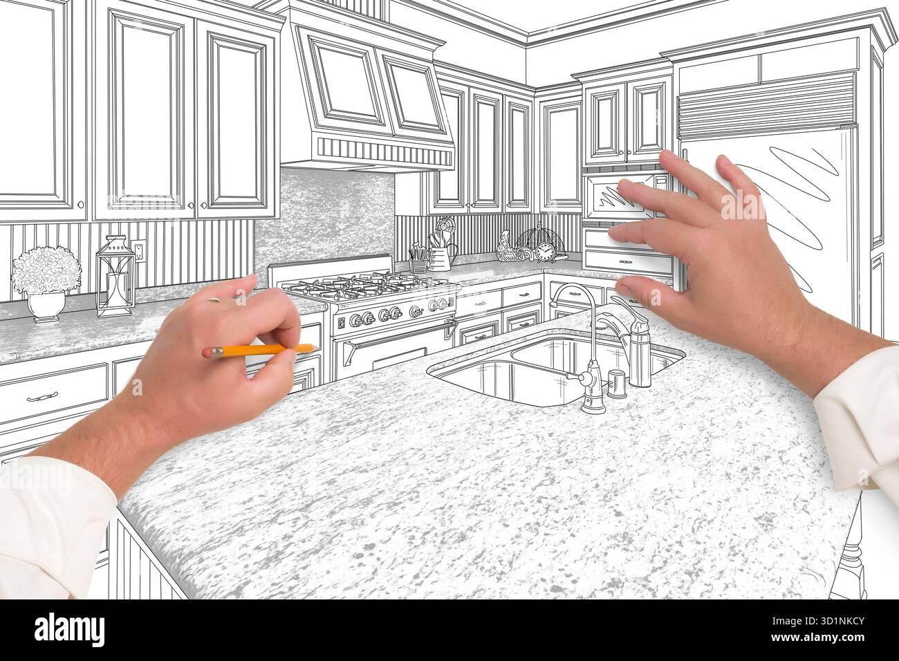 Male Hands Sketching Beautiful Custom Kitchen Stock Photo