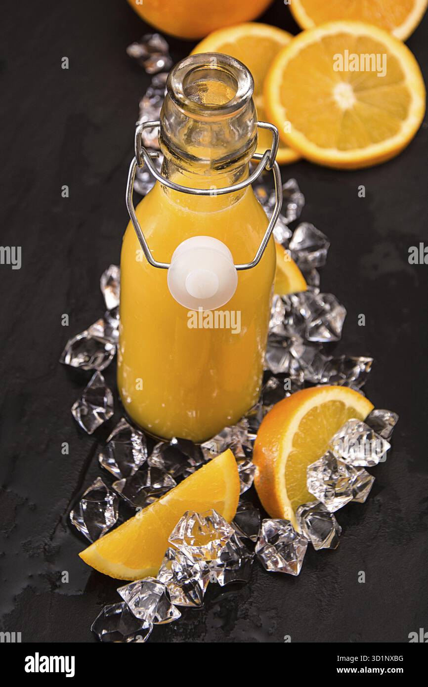 Freshly squeezed orange juice in a bottle Stock Photo