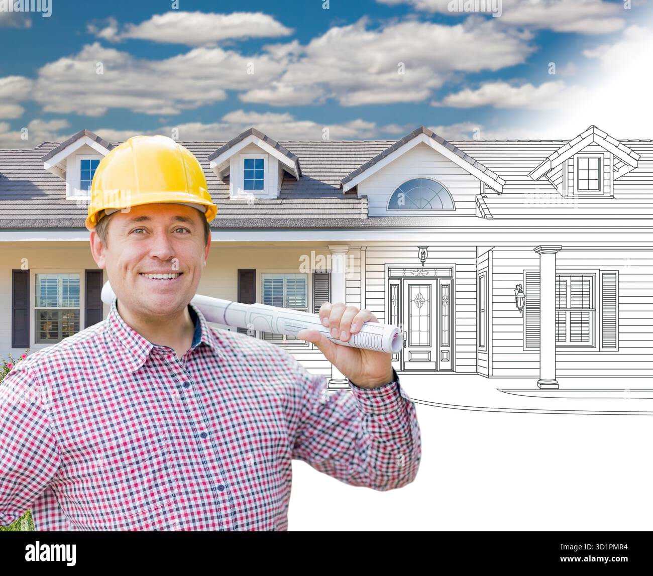 Male Contractor Wearing Hard Hat In Front of House Drawing Gradation ...