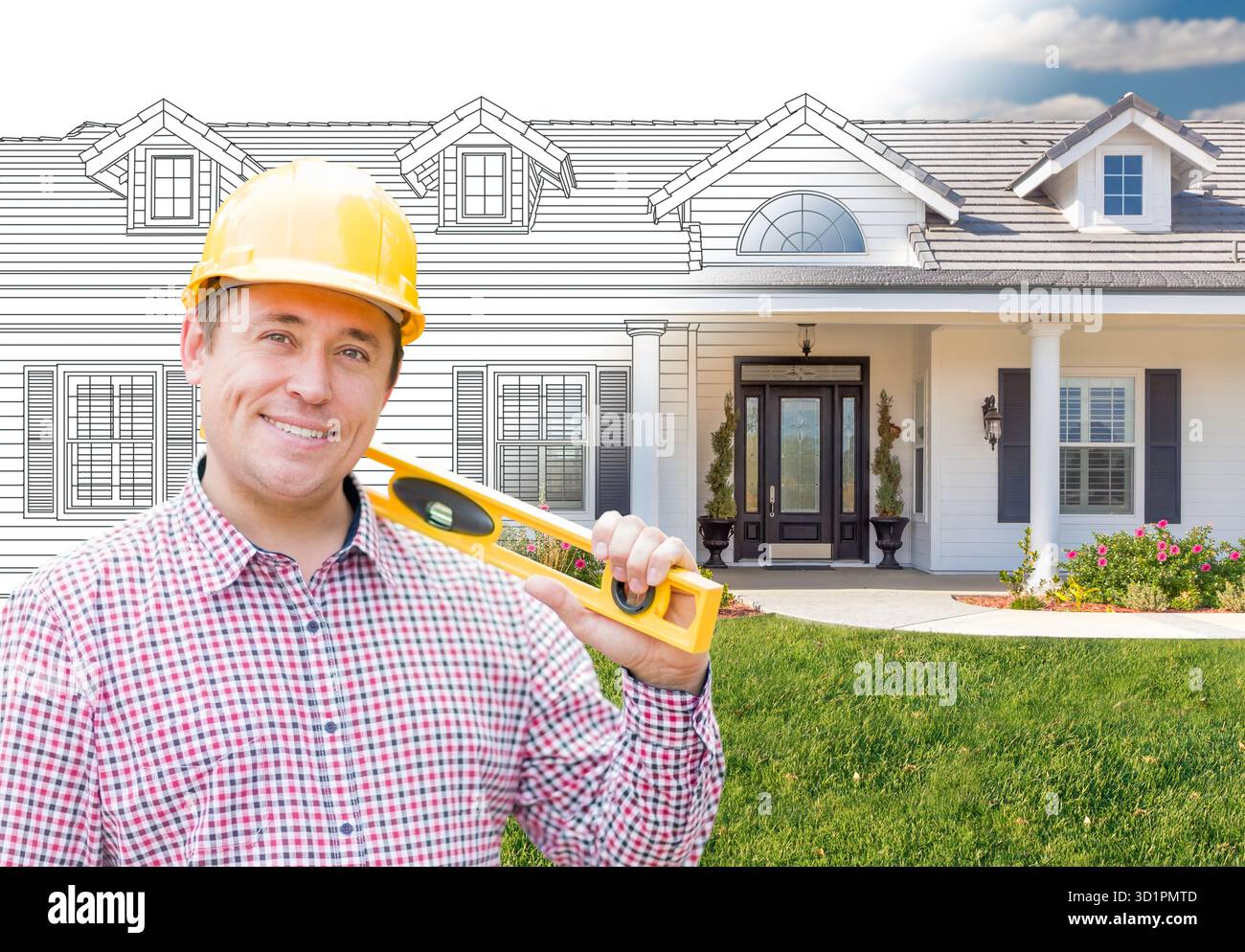 Male Contractor Wearing Hard Hat In Front of House Drawing Gradation ...