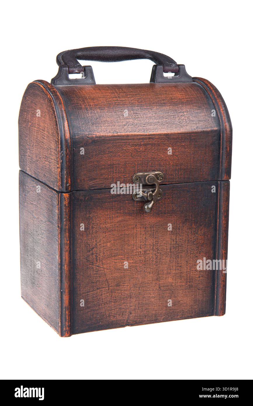 Wooden box with handle isolated on white Stock Photo