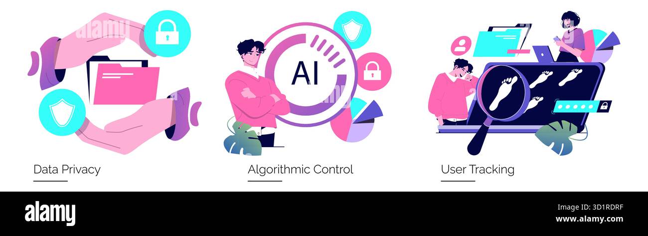Vector illustration highlighting data privacy, algorithmic control, and ...
