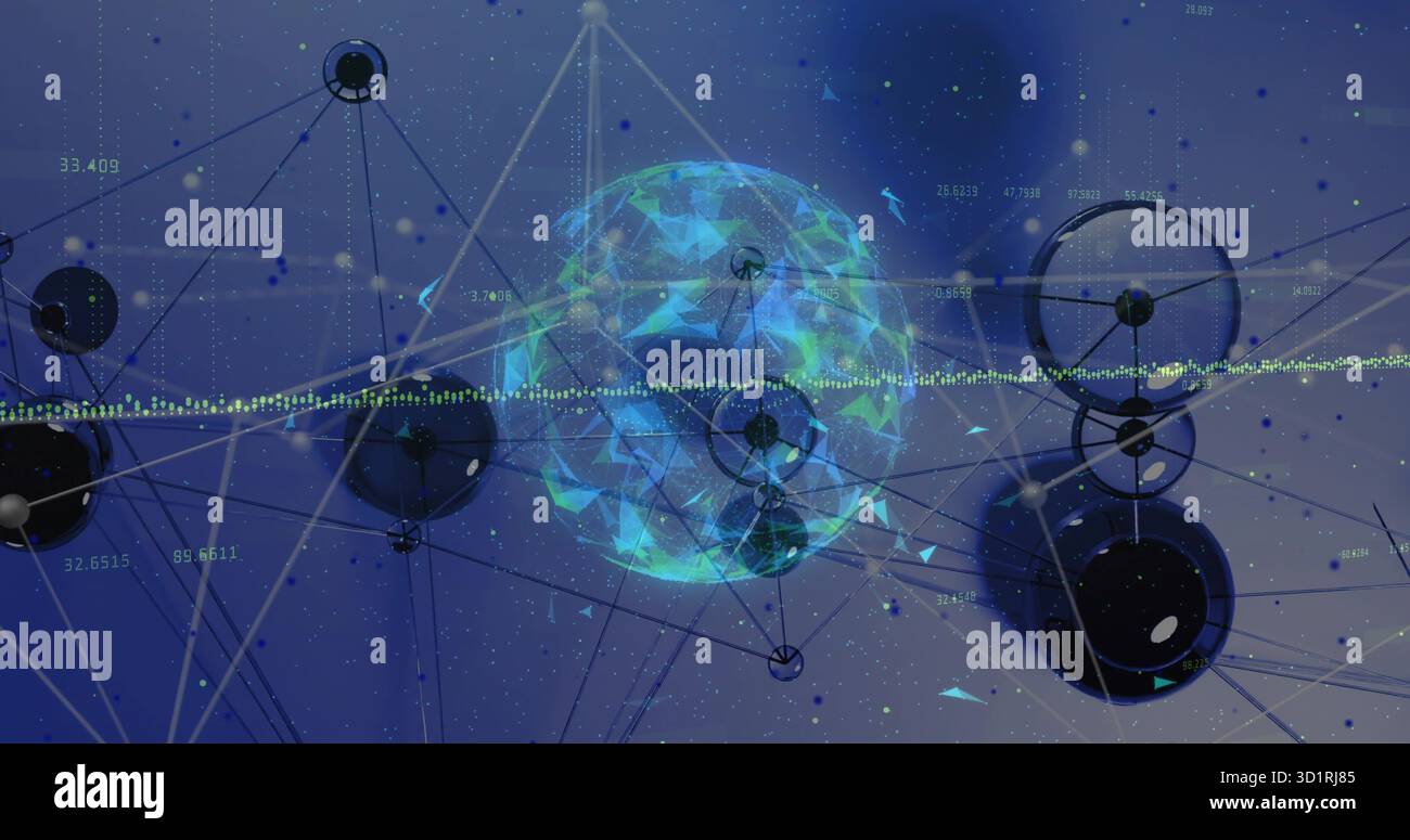 Central sphere pulsing in network visualization, with nodes, lines, numeric labels and waveform Stock Photo