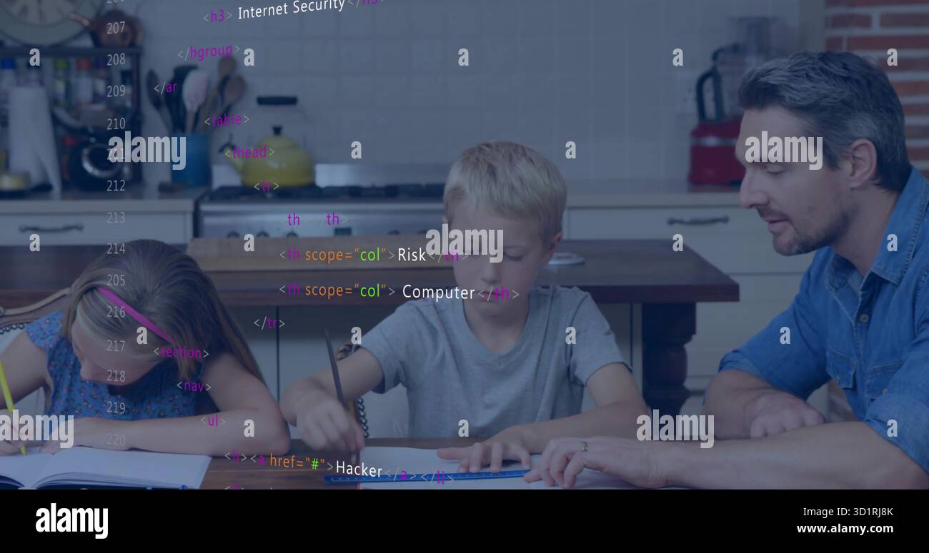 Working father and children writing in notebooks at wooden kitchen table, with floating HTML code Stock Photo