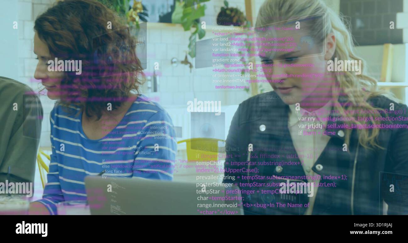Collaborating developers typing code on laptops in office lounge, with coffee mug and code overlay Stock Photo
