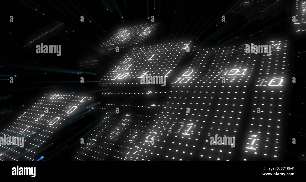 Glowing digital panels hovering in cyberspace, with binary dot-matrix digits and light-blue streaks Stock Photo