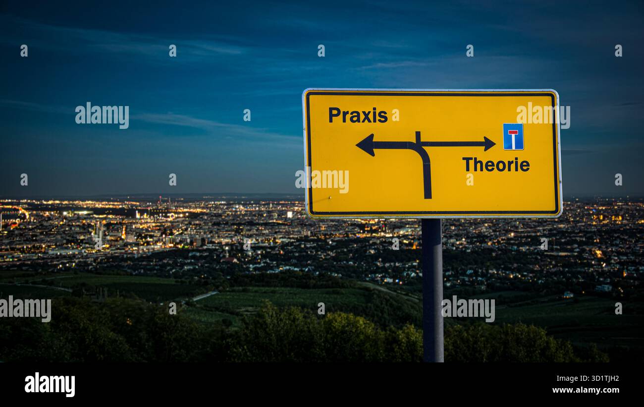 Signposts the direct way to practice versus theory - Bildmontage Stock ...
