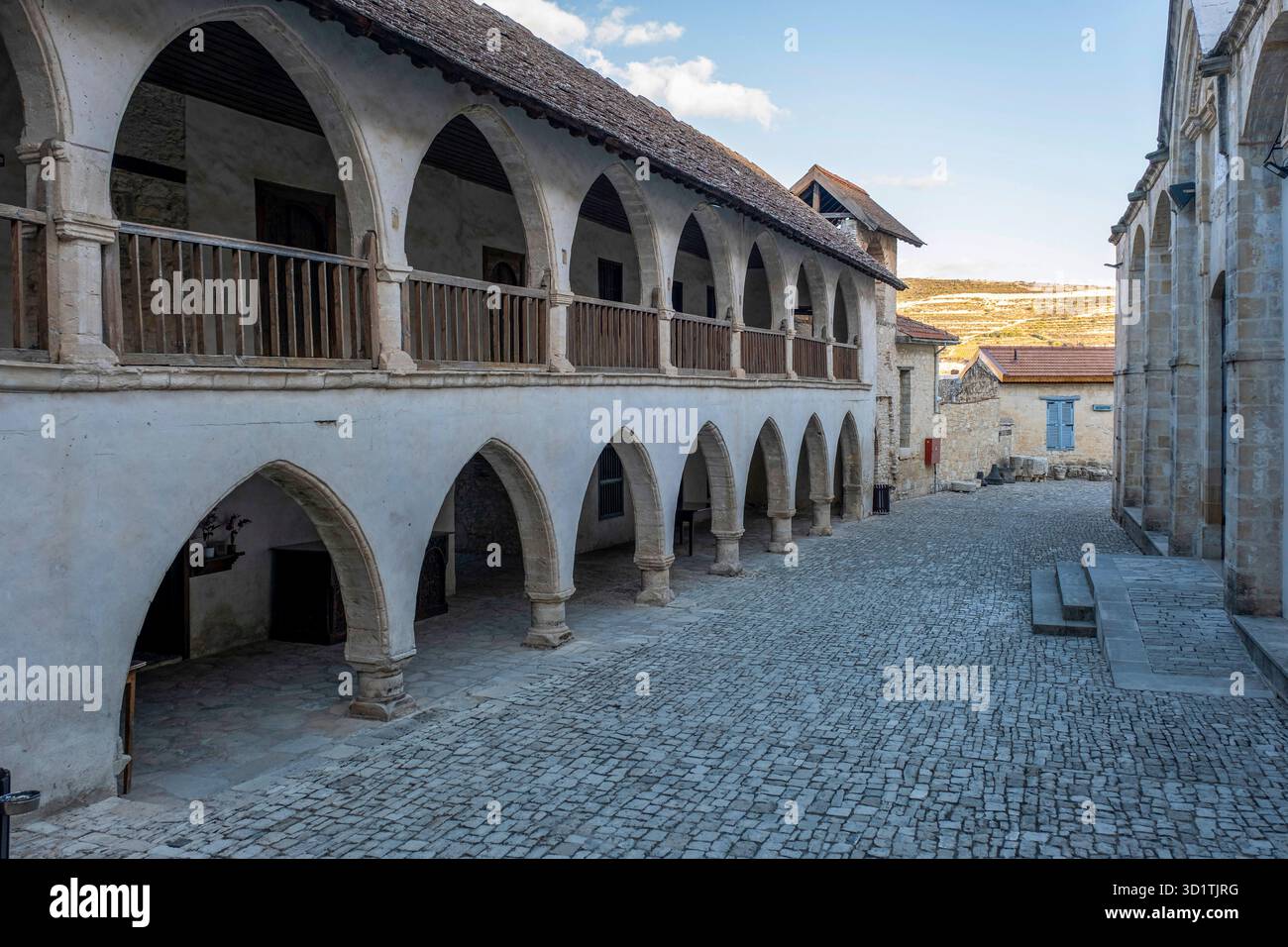 Courtyard of the Timios Stavros Monastery, Omodos, Limassol region, Cyprus. Stock Photo