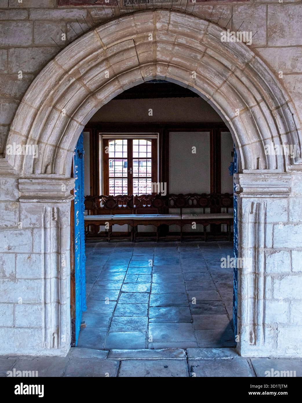 Arched doorway at the Timios Stavros Monastery, Omodos, Limassol region, Cyprus. Stock Photo