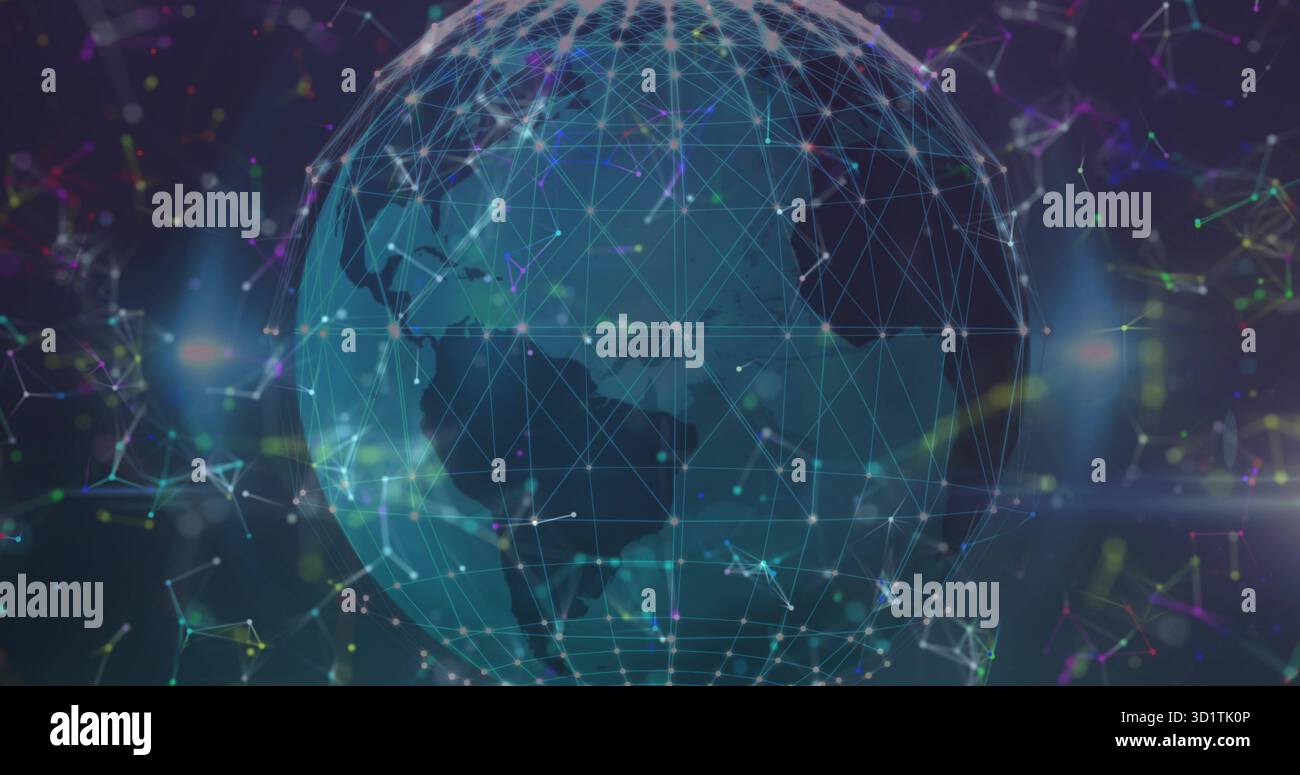 Spinning digital Earth globe hovering in virtual data network space, with glowing mesh and nodes Stock Photo
