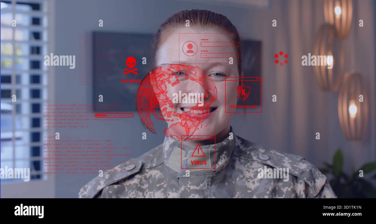 Showing female soldier in camo uniform projecting red threat holograms in office Stock Photo