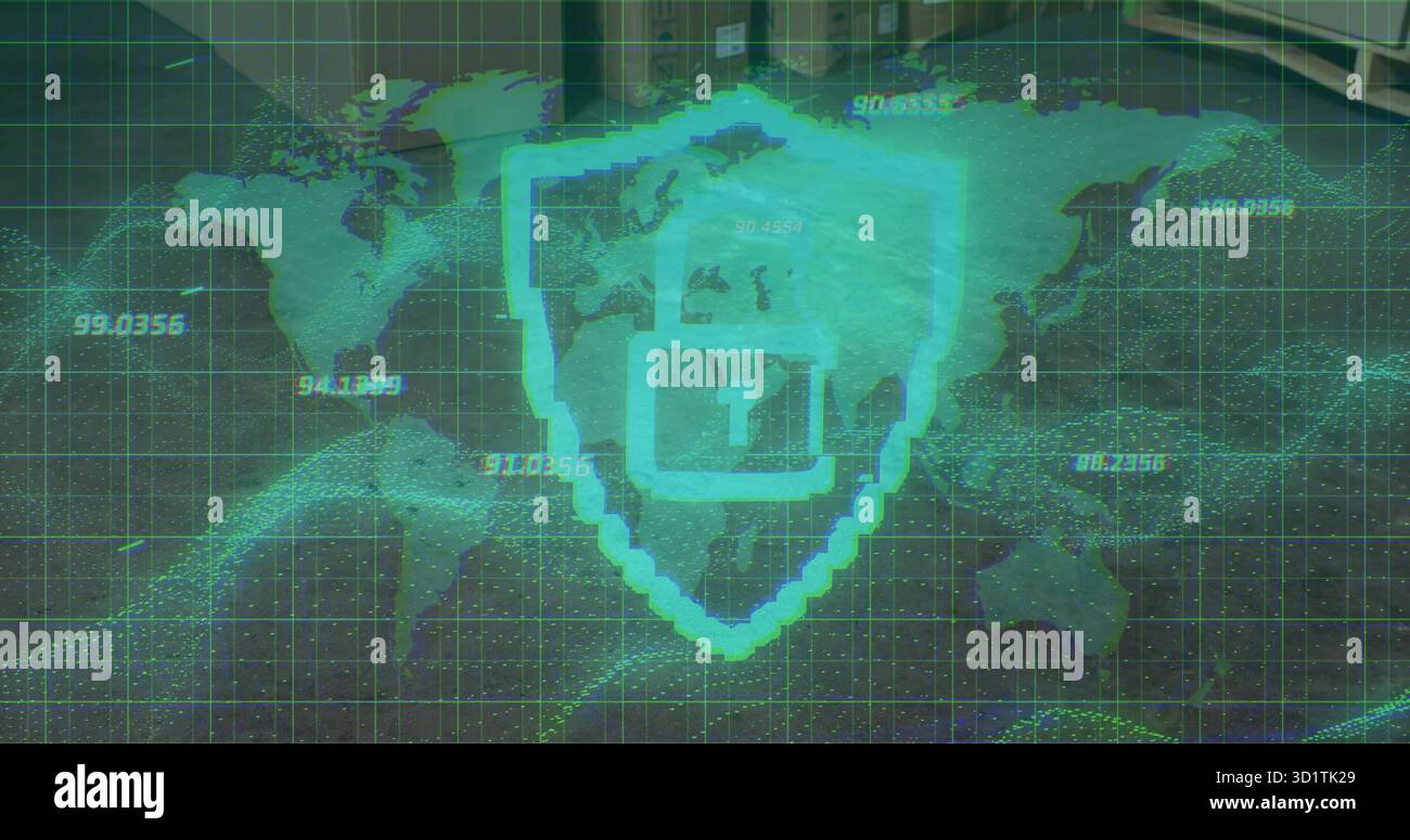 Showing green shield with padlock symbol on cyber interface displaying world map grid, data points Stock Photo
