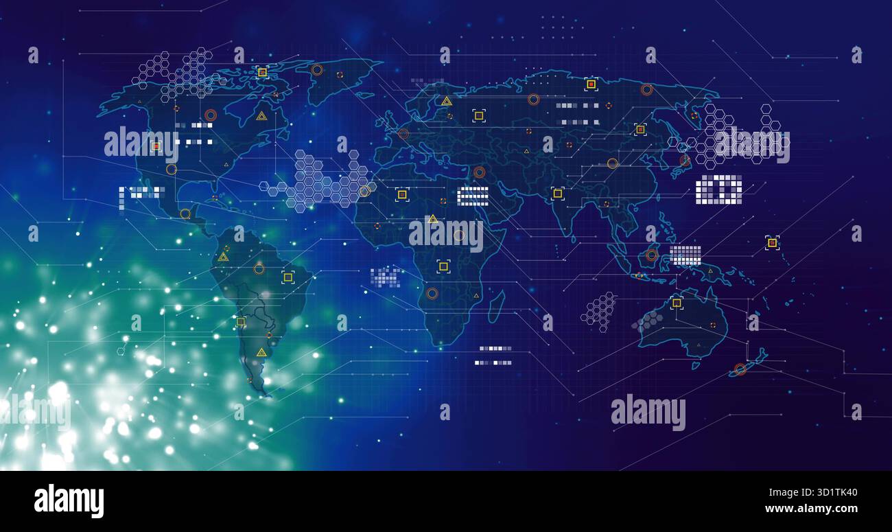 Displaying glowing digital world map projecting network icons and hex patterns on blue dashboard Stock Photo