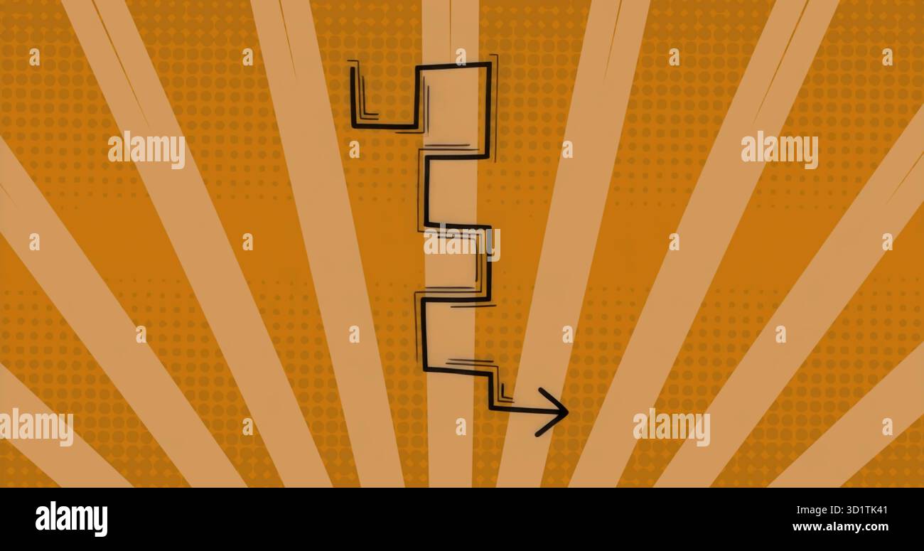 Pointing black zigzag arrow descending then turning right on orange radial backdrop, with halftone Stock Photo