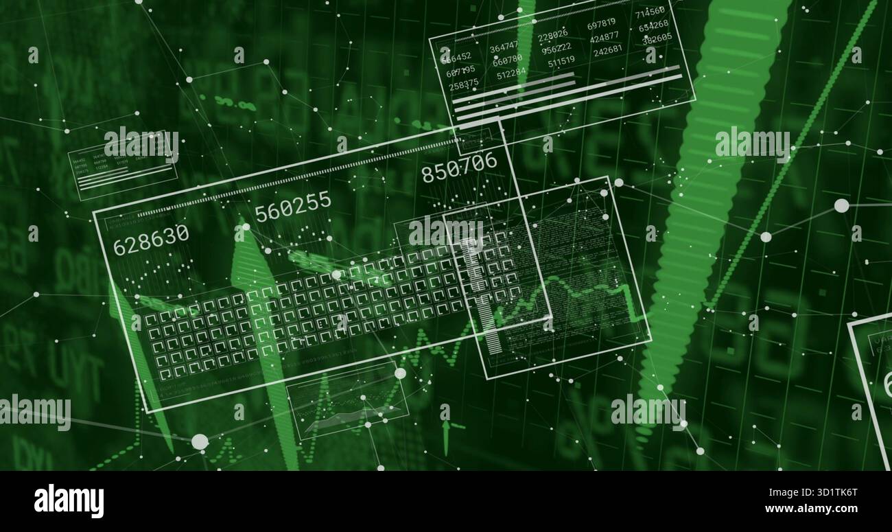 Presenting data grid in cyberspace with translucent panels numeric values line charts dotted nodes Stock Photo